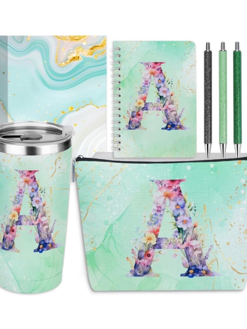 Floral Monogram 'A' Gift Set in Mint Green